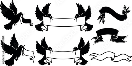 Black silhouette doves holding blank banners vector illustration for decoration and design use 