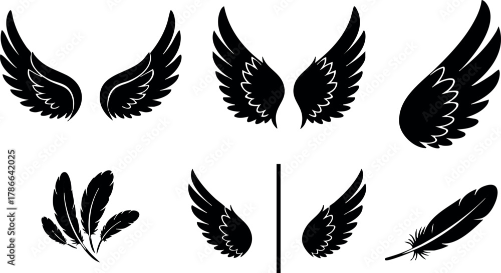 Fototapeta premium Black silhouette bird wings vector set with various feather shapes and styles 