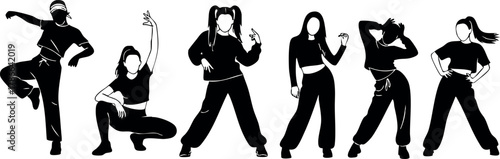 Group of six women dancing in black clothing performing modern choreography vector illustration 