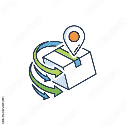 Location marker and arrows symbolizing delivery tracking or logistics path.