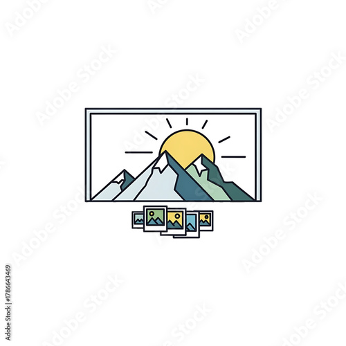 Mountain landscape photo on screen symbolizing adventure or creativity.