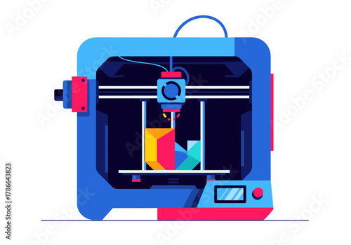 3D printer creating colorful geometric shapes in modern style  