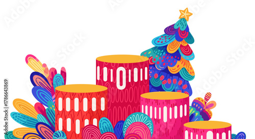 Colorful festive podiums with Christmas tree and decorative elements  