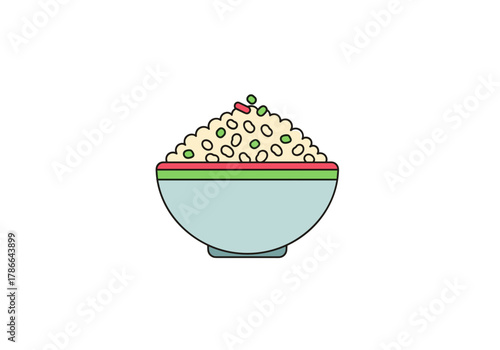 Bowl of rice with green vegetables and red peppers on white background  