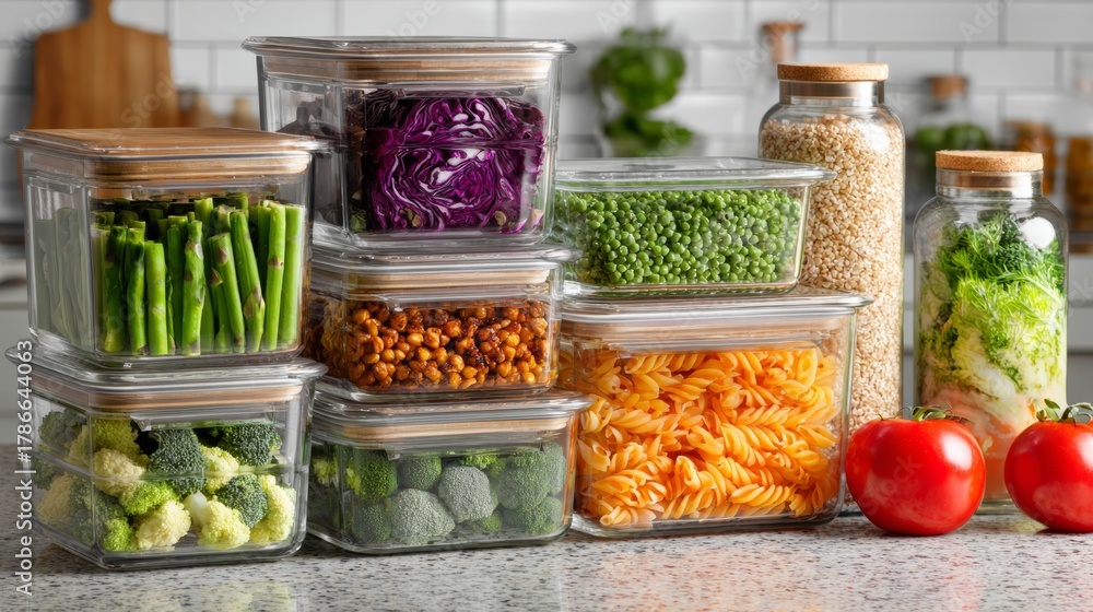 Naklejka premium Colorful vegetables and grains stored in glass containers on a kitchen counter create an organized meal prep display