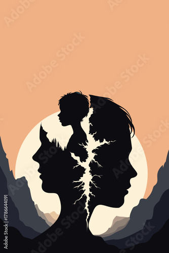 Surreal illustration of human profiles with a child silhouette inside, symbolizing trauma, inner child healing, memory, psychology, emotional growth, and mental health awareness.