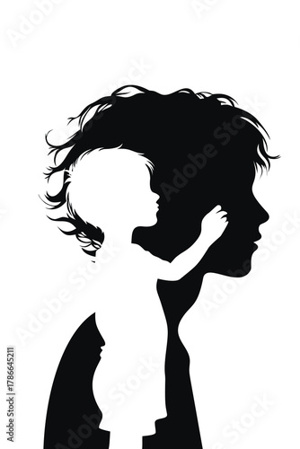 Silhouette illustration of a child touching an adult’s face, symbolizing connection with the inner child, healing, love, memory, psychology, and emotional growth.