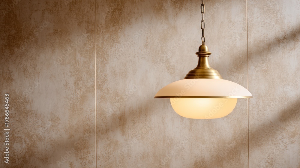 Obraz premium Lit pendant lamp hangs against a textured wall with soft sunlight pattern