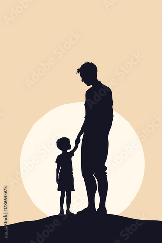 Silhouette of a man holding a child’s hand against the sun, symbolizing parenthood, love, guidance, protection, childhood memories, emotional connection, and family bond.