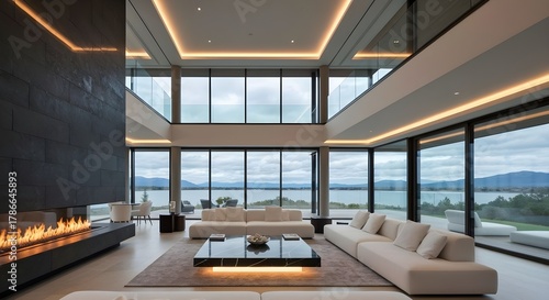 A luxurious modern living room with floor-to-ceiling windows dominates the image. The room is vast, with a high ceiling and multiple levels visible. 1 