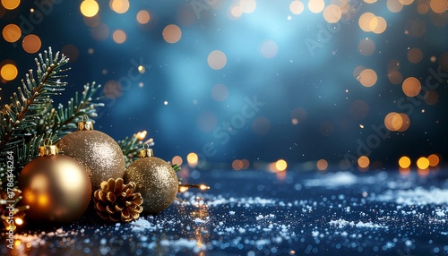 Elegant Christmas composition with golden ornaments and fir branches on a snowy surface against a magical blue bokeh background