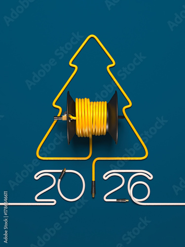 A symbolic Christmas tree laid out of a cable and a coil. Creative 2026 New year template on a power engineering theme.