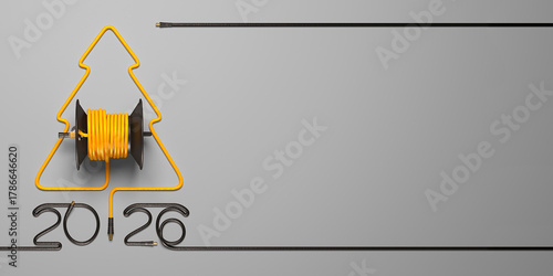 A symbolic Christmas tree laid out of a cable and a coil. Creative 2026 New year template on a power engineering theme.