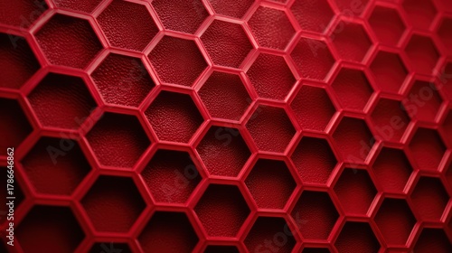 Macro abstract view of a red honeycomb structure with textural depth and angled light