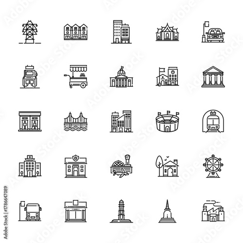 25 set of outline web city and village icons such as townhouse, gas station, toilet, hospital, bus stop vector thin icons for report, presentation, diagram, web design, mobile app
