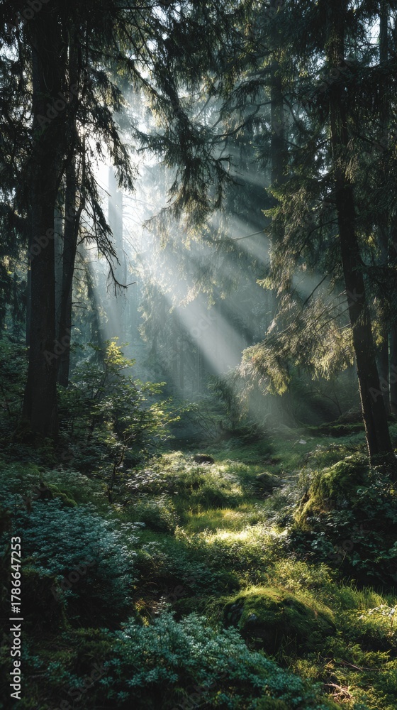 Obraz premium Sunlight filters through tall trees in a serene forest landscape during the early morning hours