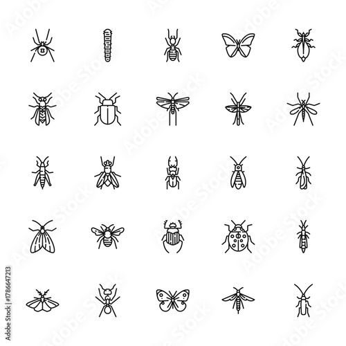 25 set of outline web insects icons such as caterpillar, wasp, grasshopper, moth, moth vector thin icons for report, presentation, diagram, web design, mobile app