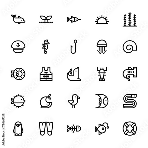 25 set of outline web sea life icons such as whale, sailor, porthole, puffer fish, penguin vector thin icons for report, presentation, diagram, web design, mobile app