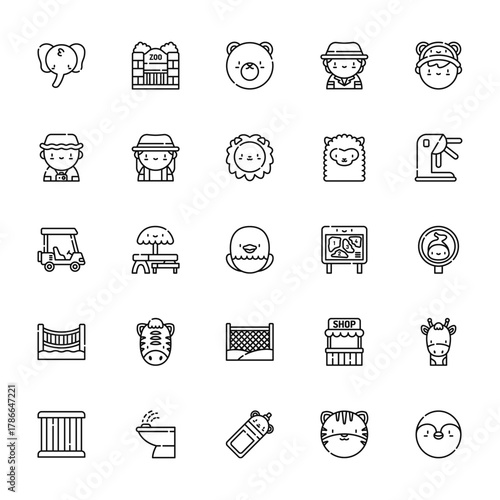 25 set of outline web in the zoo icons such as zoo, tourist, transport, bridge, cage vector thin icons for report, presentation, diagram, web design, mobile app