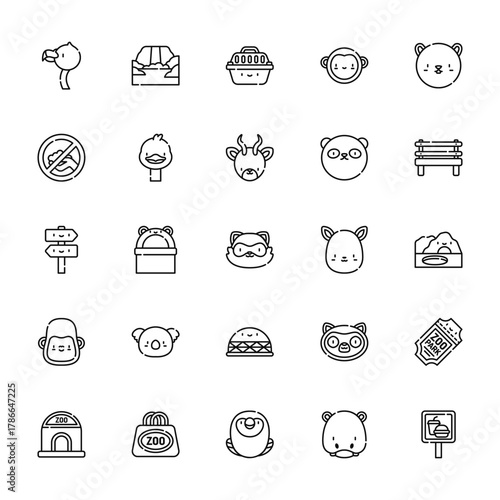 25 set of outline web in the zoo icons such as waterfall,  ,  gorilla, ticket office vector thin icons for report, presentation, diagram, web design, mobile