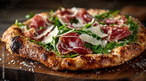 Delicious pizza topped with arugula, prosciutto, and parmesan on rustic wood