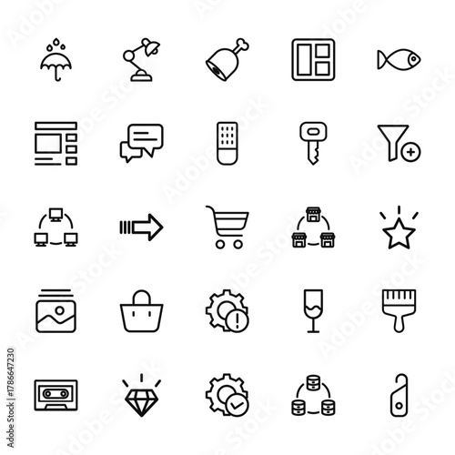 25 set of outline web miscellaneous icons such as desk lamp, layout, network, image, caste vector thin icons for report, presentation, diagram, web design, mobile app