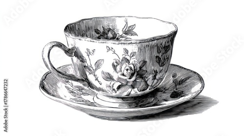Detailed drawing of a teacup and saucer