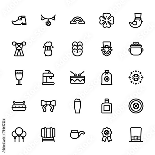 25 set of outline web st patricks icons such as garland, dress, goblet, bodhrn, balloons vector thin icons for report, presentation, diagram, web design, mobile app