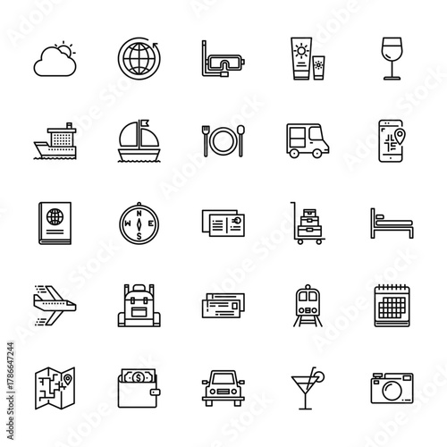 25 set of outline web travel icons such as worldwide, crusier, passport, aeroplane, map vector thin icons for report, presentation, diagram, web design, mobile app