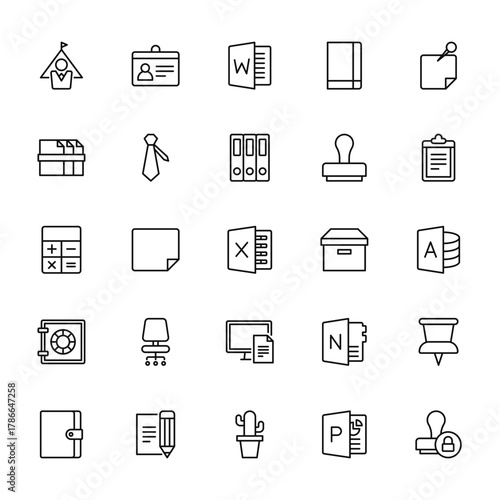 25 set of outline web workspace support icons such as card, files, calculator, safety box, notebook vector thin icons for report, presentation, diagram, web design, mobile app