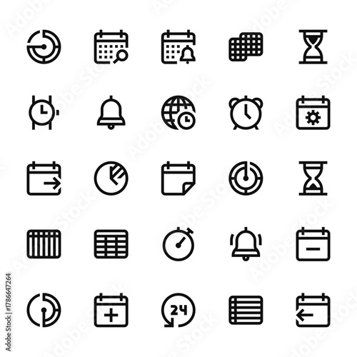 25 set of outline web calendar date icons such as calendar, watch, calendar, timer vector thin icons for report, presentation, diagram, web design, mobile app