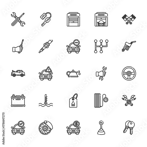 25 set of outline web car garage icons such as car key, screwdriver, damage, battery, car vector thin icons for report, presentation, diagram, web design, mobile app