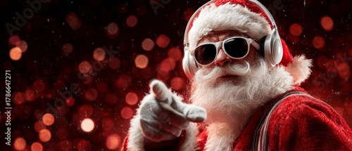 Groovinâ€™ with santa: a night of dance and christmas cheer. Creative poster. Holiday dj santa: a night of music and dance at the christmas extravaganza. Strong contrast. Blank background.