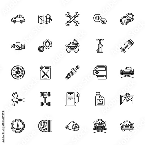 25 set of outline web car garage icons such as map, motor, wheel, car painting, dashboard vector thin icons for report, presentation, diagram, web design, mobile app