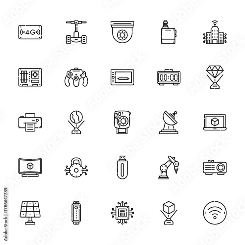 25 set of outline web technology icons such as  , motherboard, printer, tv, solar panel vector thin icons for report, presentation, diagram, web design, mobile app