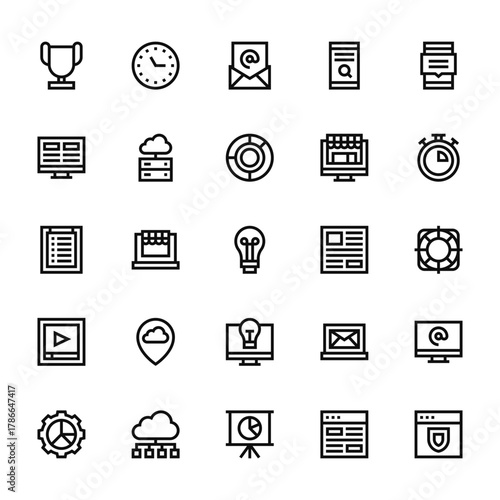 25 set of outline web digital marketing icons such as wall clock, monitor, clipboard, video player, analytics vector thin icons for report, presentation, diagram, web design, mobile app