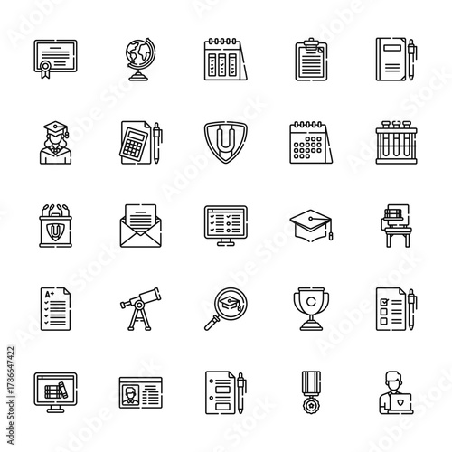 25 set of outline web university icons such as globe, graduated, podium, exam, elearning vector thin icons for report, presentation, diagram, web design, mobile app