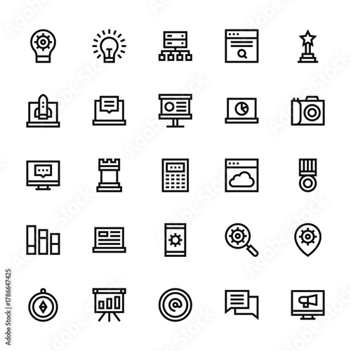 25 set of outline web digital marketing icons such as idea, startup, chat, bar chart, compass vector thin icons for report, presentation, diagram, web design, mobile app