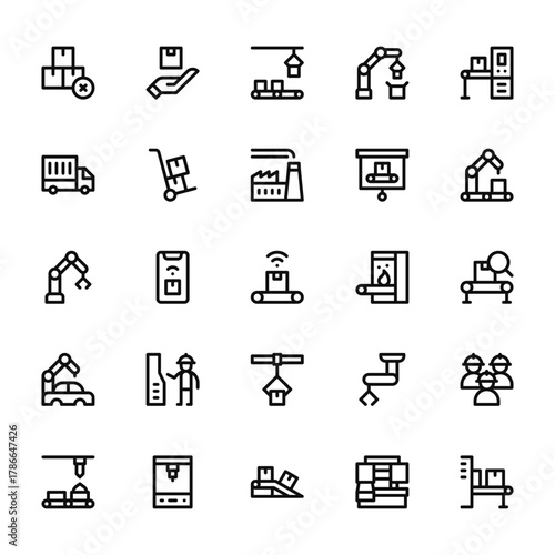 25 set of outline web mass producction icons such as package, delivery truck, mechanical arm, car, conveyor vector thin icons for report, presentation, diagram, web design, mobile app