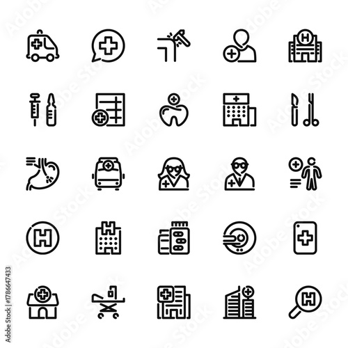 25 set of outline web hospital icons such as chat, vaccine, endoscopy, hospital, hospital vector thin icons for report, presentation, diagram, web design, mobile app