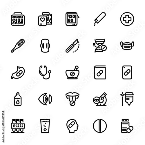 25 set of outline web medicines icons such as cardiogram, thermometer, stoh, eye drops, test tubes vector thin icons for report, presentation, diagram, web design, mobile app