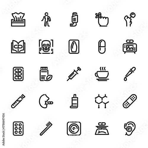 25 set of outline web medicines icons such as orthopedic, medicine book, pill, test tube, pill vector thin icons for report, presentation, diagram, web design, mobile app