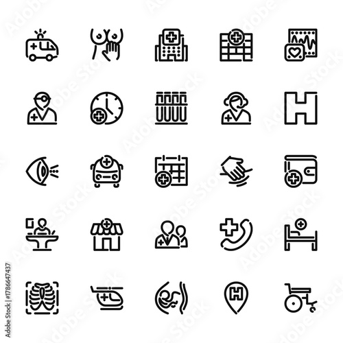 25 set of outline web hospital icons such as examination, doctor, ophthalmology, reception, x ray vector thin icons for report, presentation, diagram, web design, mobile app