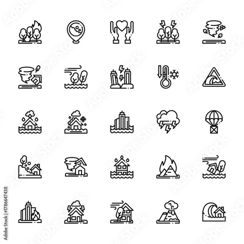 25 set of outline web natural disaster icons such as  , climate, ecology and environment, danger, accident vector thin icons for report, presentation, diagram, web design, mobile app