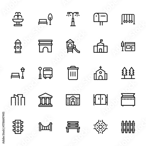 25 set of outline web city icons such as park, fire hydrant, park, cityscape, traffic light vector thin icons for report, presentation, diagram, web design, mobile app