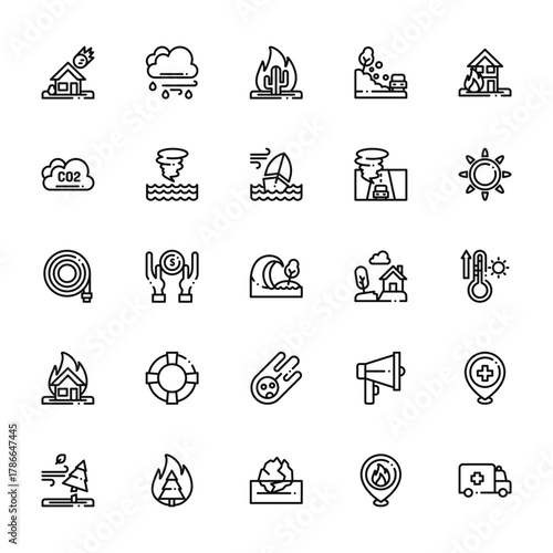 25 set of outline web natural disaster icons such as cloud, cloud, farming and gardening, fire, bad weather vector thin icons for report, presentation, diagram, web design, mobile app