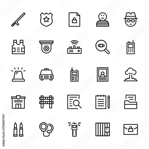 25 set of outline web crime icons such as police badge, bulletproof vest, siren, police station, bullets vector thin icons for report, presentation, diagram, web design, mobile app