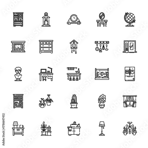 25 set of outline web home decoration icons such as lantern, fireplace, statue, bookshelf, nightstand vector thin icons for report, presentation, diagram, web design, mobile app