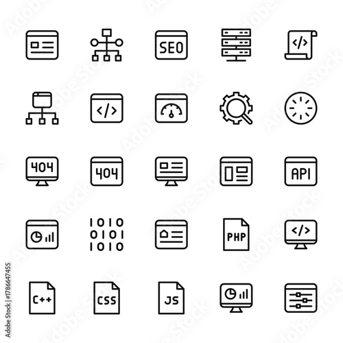 25 set of outline web programming icons such as workflow, sitemap, error, dashboard, programming language vector thin icons for report, presentation, diagram, web design, mobile app