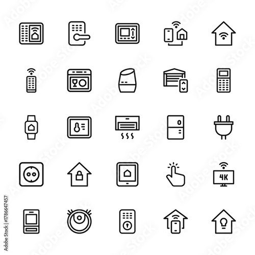 25 set of outline web smart home icons such as door, remote control, smartwatch, socket, sensor vector thin icons for report, presentation, diagram, web design, mobile app